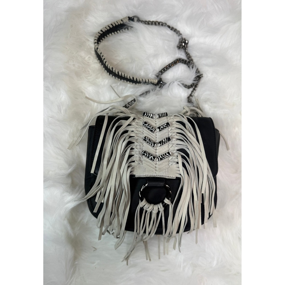 Sam Edelman Black Leather Fringe Crossbody Bag White Beaded Western Boho